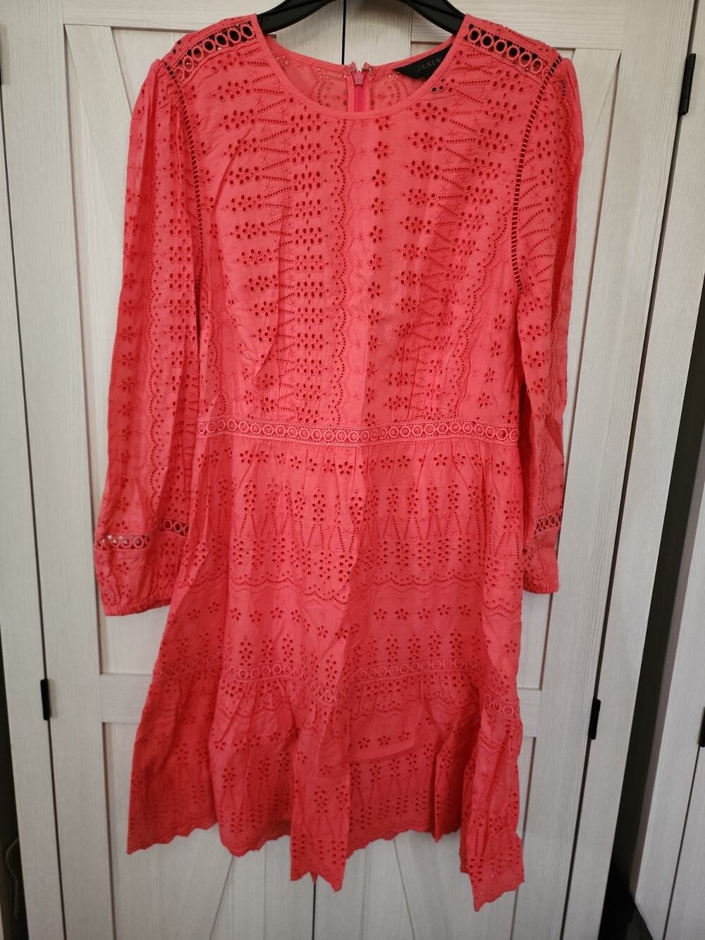 J.CREW Pink Eyelet Cotton Long Sleeve Fit&Flair Midi Ruffle Dress Sz 2 Preppy